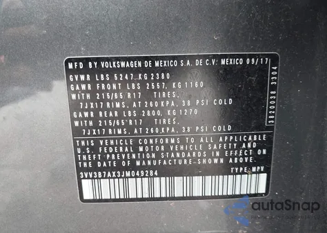 2018 Volkswagen Tiguan 2.0T Se/2.0T Sel z USA, uszkodzony, nr VIN 3VV3B7AX3JM049284
